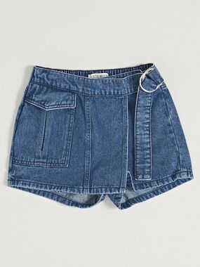 denim cargo utility mid rise belt skort